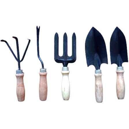 Garden Tool Set of 5 (cultivator, Big and Small Trowel, Weeder, Fork) with Wooden Handle